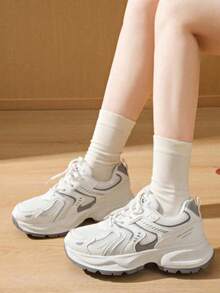 Women's Chunky Sneakers White Mesh Breathable Casual Shoes Retro Dad Shoes - màu trắng nhạt - Xem 4