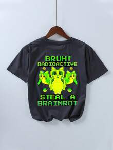 Teenage Boys' Funny Cat & Letter Print Crew Neck Short Sleeve T-Shirt, New Spring/Summer Kids Graphic Tee - Dark Grey - View 3