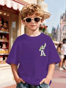 Disney Apparel, This Boy's T-Shirt Features A Double-Sided Toy Story Woody Cartoon. This Soft And Breathable Short Sleeved Round Neck T-Shirt Is Perfect For Spring And Summer Wear, Making It An Ideal Choice For Daily Wear, Vacation And Leisure, Outdoor Exploration, School Life, And Shopping Trips. It Is Also An Excellent Gift For The Same Boy And Girl. Every Child Deserves One. - Purple - View 2