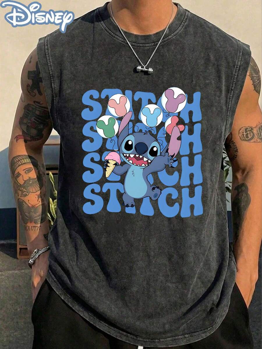Disney Official Licensed Lilo & Stitch Stitch Repeat Letter Balloon Ice Cream Vintage Washed 230g Tank Top Unisex - màu đen - Xem 1