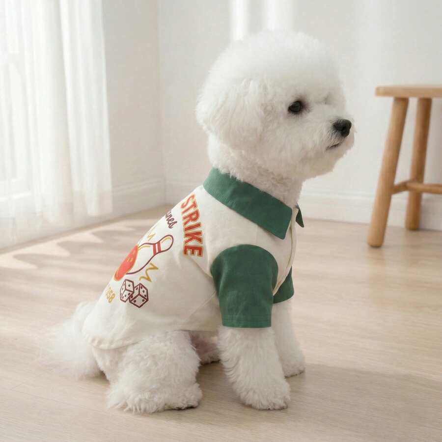 复古美式保龄球衫狗狗服装，轻薄翻领开襟毛衣，适合贵宾犬和泰迪犬等宠物，夏季款 - 綠色 - 查看 1