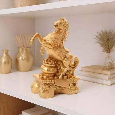 1pc Golden Horse Statue Wealth Decor - Durable Resin Material, Suitable For Home Office Decoration, Chinese New Year Auspicious Ornament, Statue, Graduation Gift, Gift For Friends, Couples, New Year, Wedding, Easter, Suitable For All