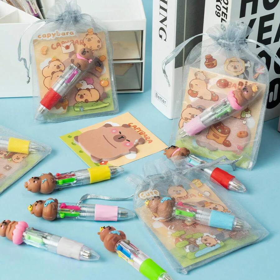 24/12件套水鼠文具派对礼品套装，趣味动物奖品套装，包含4合1圆珠笔、便签纸、贴纸和欧根纱袋，儿童美术用品，返校礼物套装 - 彩色 - 查看 1
