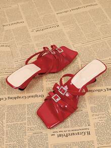 Sandalias de tacón alto con punta cuadrada y tiras cruzadas en rojo, sandalias casuales sin talón tipo mula - Rojo - Ver 5