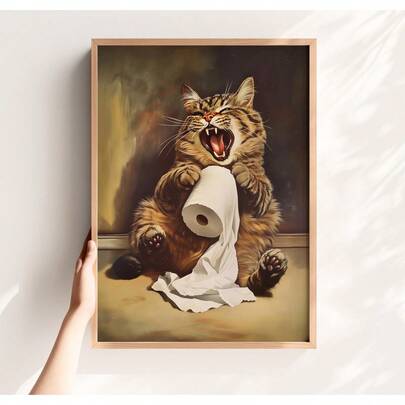 "1pc Fun Bathroom Art Printable Tabby Cat Pattern Toilet Poster, Humorous Toilet Decoration"