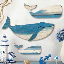 1/3 件装木制鲸鱼墙饰，乡村风格鲸鱼墙饰，复古航海海岸主题装饰品，适用于家居湖畔别墅卧室浴室装饰，客厅、厨房、浴室墙面装饰 - 多色 - 查看 1