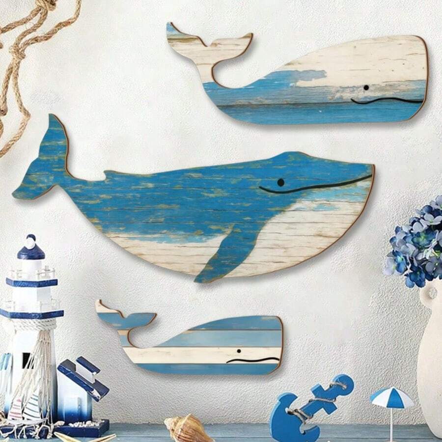 1/3 件装木制鲸鱼墙饰，乡村风格鲸鱼墙饰，复古航海海岸主题装饰品，适用于家居湖畔别墅卧室浴室装饰，客厅、厨房、浴室墙面装饰 - 多色 - 查看 1