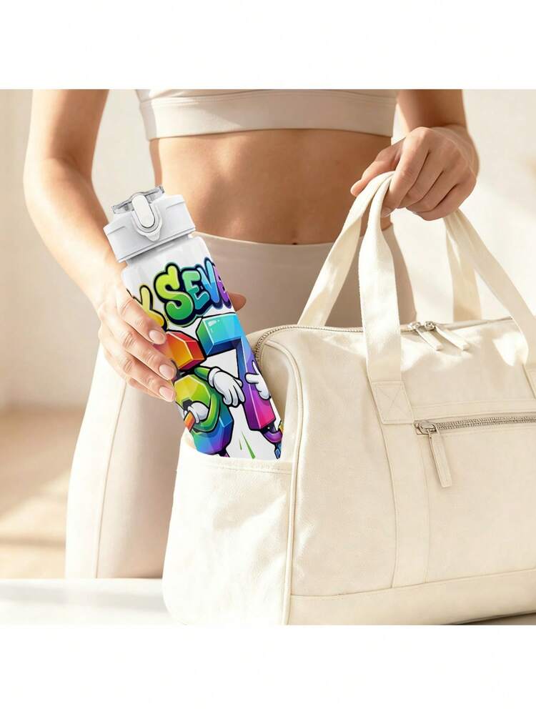 750毫升塑料水瓶，彩虹67元素主题印花，适合办公、度假和通勤，便携设计，大容量，是圣帕特里克节、春季和开斋节的完美礼物。 - 彩色 - 查看 6