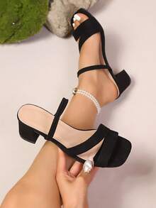 French Round Toe Chunky Heel Sandals, Women's Summer Square Toe High Heel Shoes Suitable With Dresses, Strap - Black - View 2