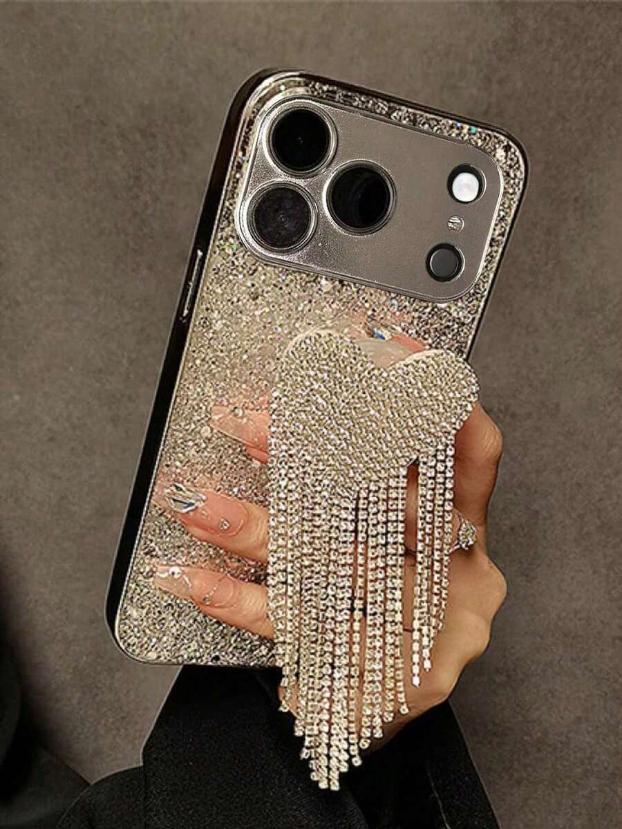1个奢华电镀亮片水钻心形流苏手机壳，兼容 14 Pro Max/14 Pro/14、15 Pro Max/15 Pro/15、13 Pro Max/13 Pro、11、12，适合情人节使用 - 銀色 - 查看 1
