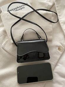 Geantă de umăr pentru femei, design minimalist de nișă, cu textură vintage, culoare solidă, 2026, potrivită pentru birou și casual - Negru - Vizualizare 3