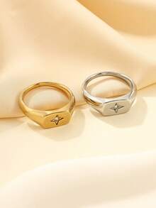 Set de 2 anillos de acero inoxidable de moda minimalista en color dorado y plateado, incrustados con diamante de imitación blancos, adecuados para uso diario o como regalo - Multicolor - Ver 3