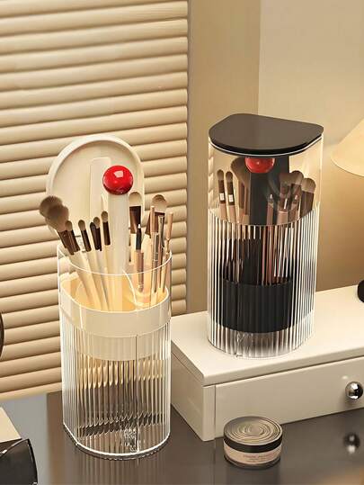 1pc Automatic Pop-Up Makeup Brush Holder With Cover, Makeup Organizer Box, Dust-Proof Makeup Brush Storage Box, Minimalist Square Plastic Pen Holder/Makeup Brush Holder, Transparent Cosmetic Storage Box With Sliding Opening And Transparent Cover, For Storing Eyeshadow, Lipstick And Makeup Brushes, Suitable For Room, Home, Bedroom, Bathroom, Desk, Accessories, A Fun Gift