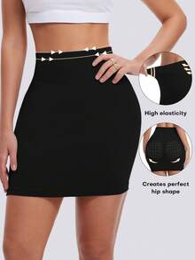 女士性感高腰休闲百搭紧身迷你塑身裙，弹力罗纹短裙，修身塑形紧身裙，收腹纯色裙 - 黑色 - 查看 5
