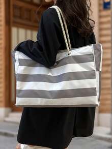 女士大号防水沙滩手提包，带拉链，防水防沙设计，适用于游泳池，随机图案，可作书包，便携大容量，适合青少年、女性、大学生、中小学生、高中生、户外、旅行、郊游、工作、商务、通勤、度假、购物等场合。 - 灰色 - 查看 5