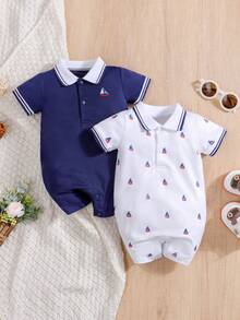 2pcs/Set Newborn Baby Boys/Girls Sailing Print Embroidered Polo Shirt Short Sleeve Romper Outfit, Summer - Navy Blue - View 1