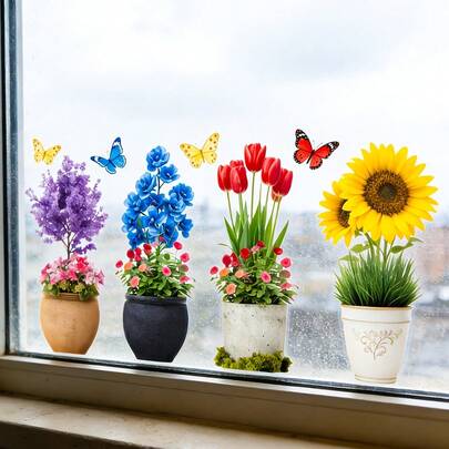 Butterfly & Floral Pattern Window Stickers, 4 Potted Plants Displaying Red, Yellow, Purple And Blue Blooming Flowers - Gorgeous. These DIY-Friendly, Self-Adhesive And Removable Window Stickers Are Suitable For Doors, Windows And Bathrooms.