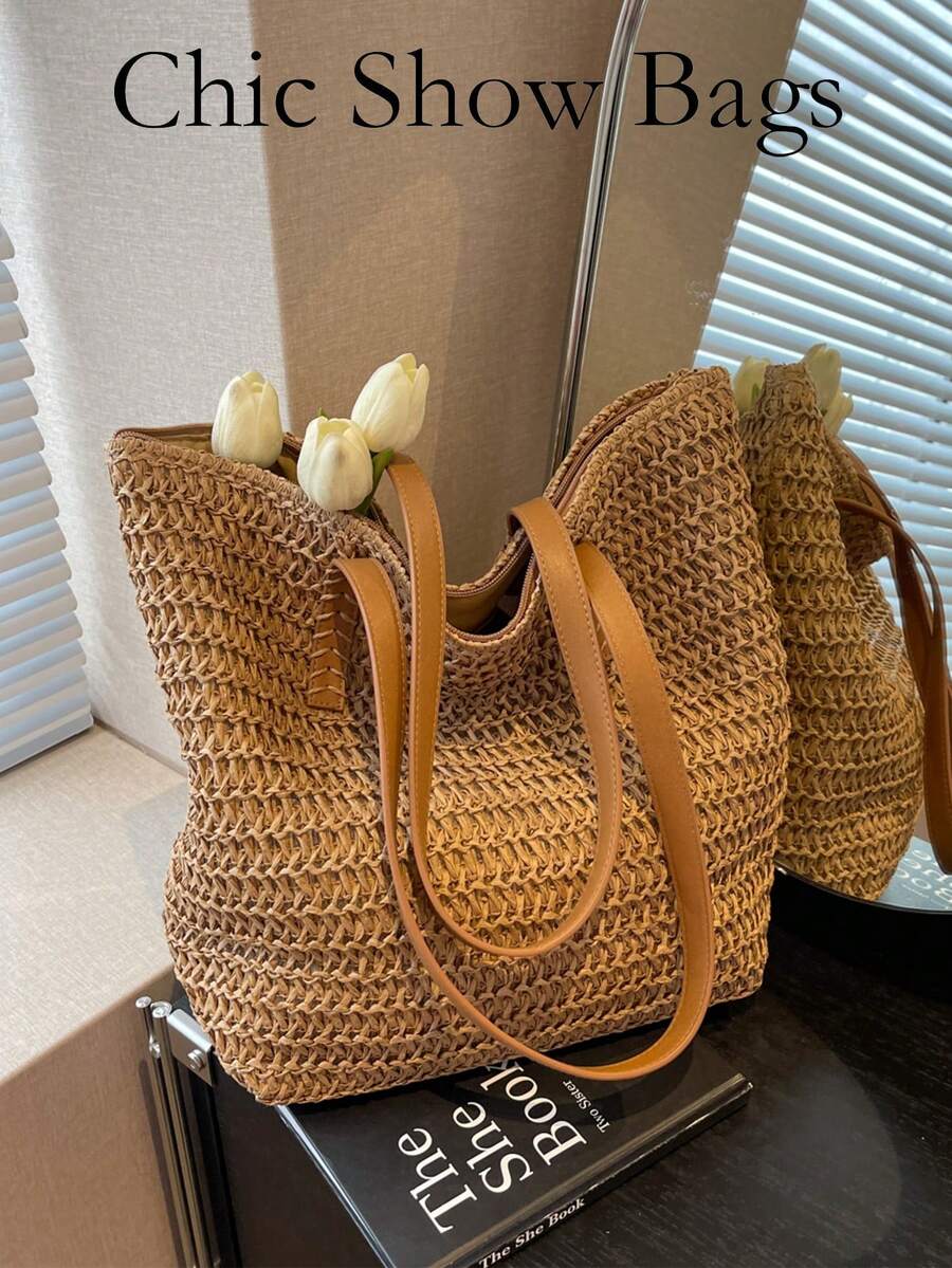 Women's Fashion Large Capacity Woven Shoulder Bag For Beach Vacations - Straw Bag