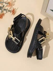Infant Delicate Lace Fabric Metal Chain Hook And Loop Sandals, Baby Flat Sandals - Black - View 4