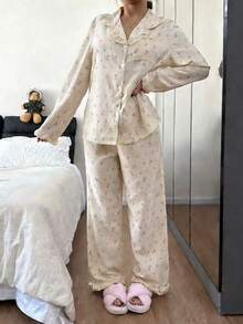 Dreamivo Bộ đồ ngủ dài tay nữ màu mơ in hoa, viền bèo nhún. - Màu be - Xem 6