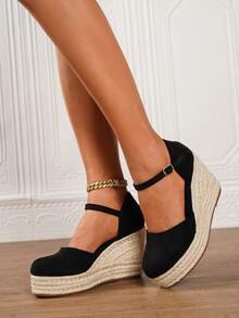 Women's Platform & Thick Bottom Slip-On Espadrille Shoes, Black Round Toe Vacation Beach Woven Strap Sandals, Vacation Rope Bottom Elastic Band Paired With Women's Shoes - Black - View 7