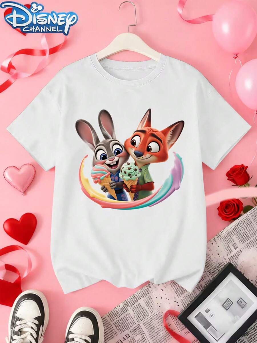 Officially Licensed Disney Zootopia Character & Ice Cream-Themed Print Casual Women's T-Shirt, Suitable For Spring, Summer And Fall. New Women's Casual Versatile Retro T-Shirt, Available In Sizes XS-XXL. - 白色 - 查看 1