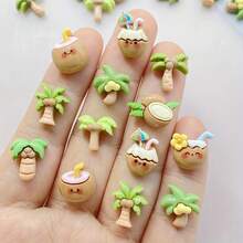 10/30/50个混合款式卡通夏季海滩迷你椰子树和椰子汁饮料美甲饰品，卡通水钻平底贴纸，DIY剪贴簿贴纸，手工材料 - 椰子樹 - 查看 2