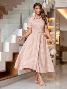 Rubia Maxi Midi Modesto Striped Shirt Dress – 100% Polyester Santorini, Functional Front Buttons And Belt - Rust Brown - View 1