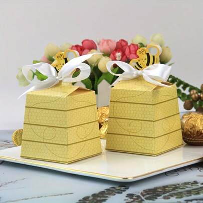 10/20pcs Paper Gift Boxes, Containing Bee Pattern Candy Boxes And Ribbon Decorations, Suitable For Baby Shower, Birthday Party, Party Decoration Packaging