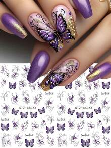 2 piezas Elegantes calcomanías de mariposas 3D moradas, diseño minimalista de mariposas y flores para arte de uñas, accesorios de uñas con insectos y plantas para primavera/verano - Multicolor - Ver 1