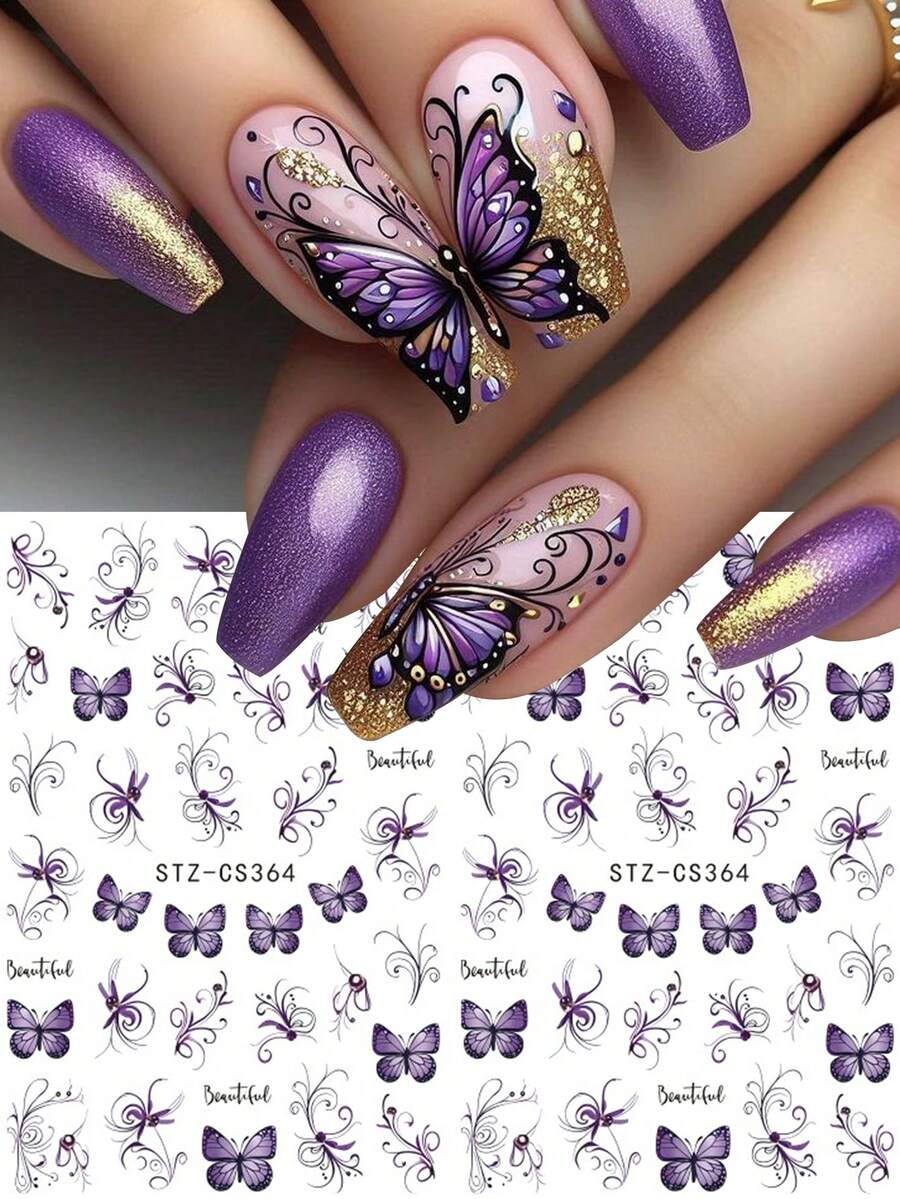 2 piezas Elegantes calcomanías de mariposas 3D moradas, diseño minimalista de mariposas y flores para arte de uñas, accesorios de uñas con insectos y plantas para primavera/verano - Multicolor - Ver 1