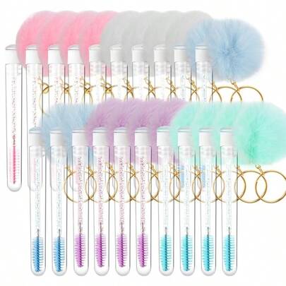 10pcs/Set Disposable Powder Puff Cleansing Brush, Mascara Wand, Faux Fur Pom Pom Keychain, Mascara Makeup Brush Tool Kit