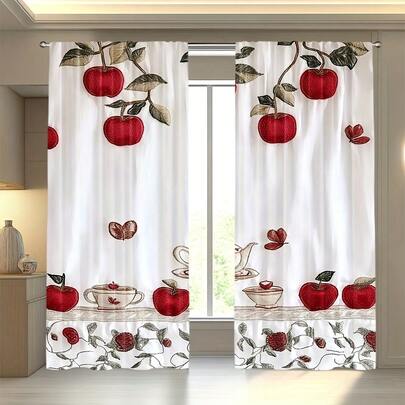 2pcs Fruit Embroidery Print Modern Curtains, 100% Polyester Fabric Durable, Suitable For Living Room, Bedroom, Kitchen, Bathroom Decor (Curtain Rods Not Included)