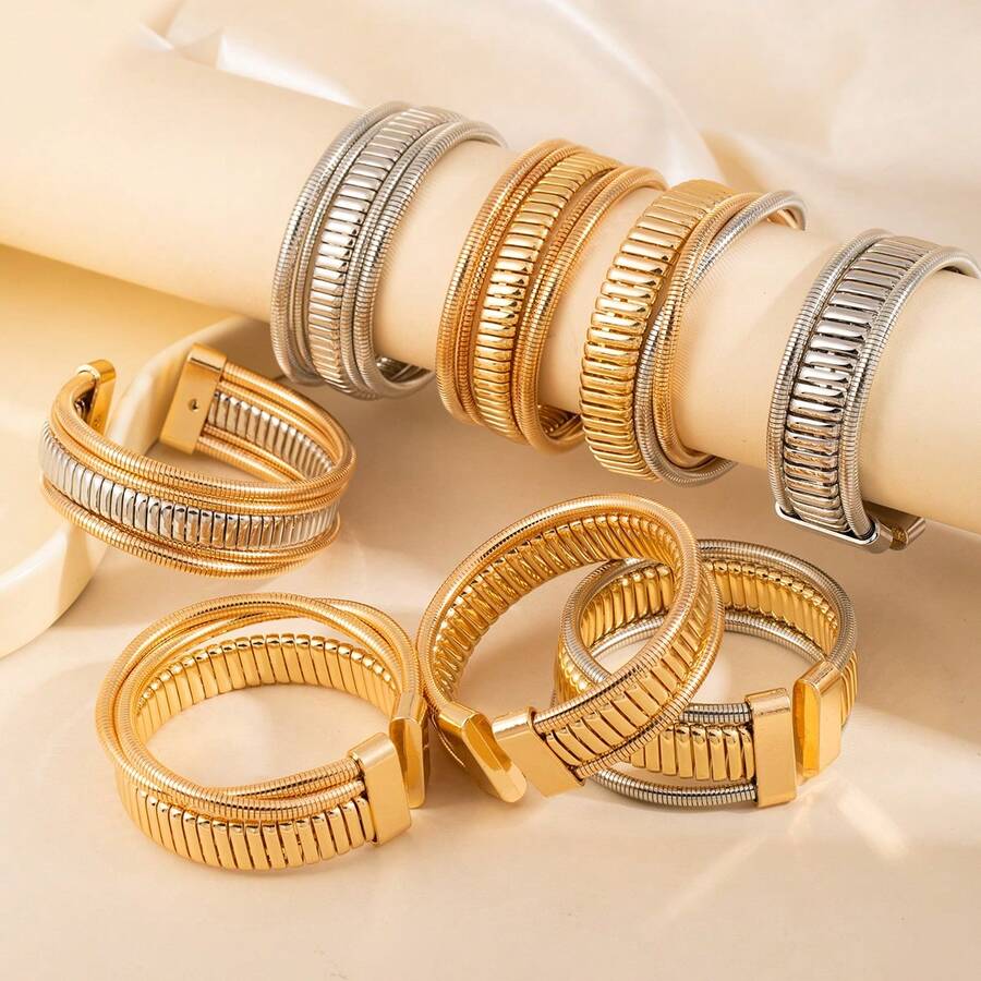 1pc Multi-Layer Open Bangle Bracelet, Personalized Exaggerated Wrapped Vertical Striped Elastic Fresh Fashion Bracelet For Women - S012/Gold - View 1