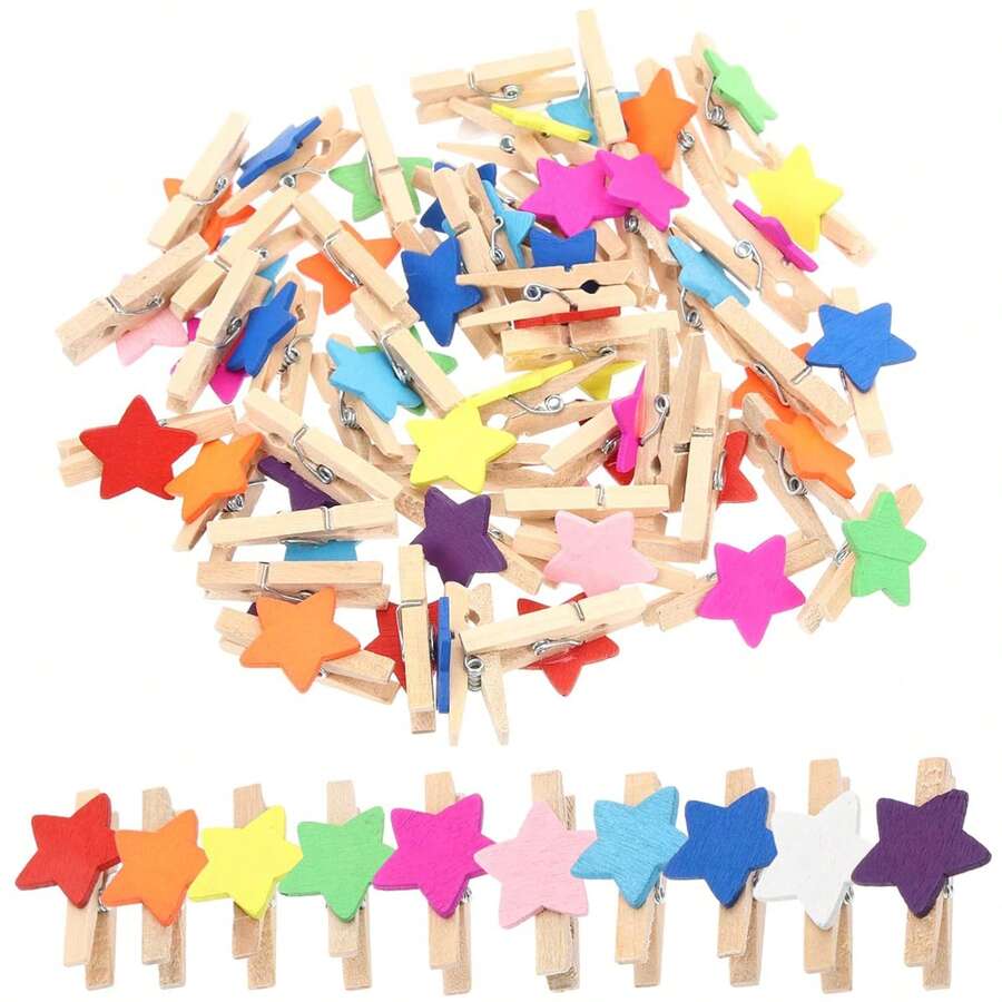 50个迷你木质夹子，照片夹，适合固定照片，手工DIY木质夹子 - 彩色星星 - 查看 1