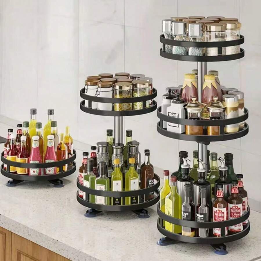 1pc 360 Degree Rotatable & Adjustable Kitchen Countertop Organizer Rack, Multi-Function Spice, Condiment, Cosmetic Storage Holder - Multicolor - View 1