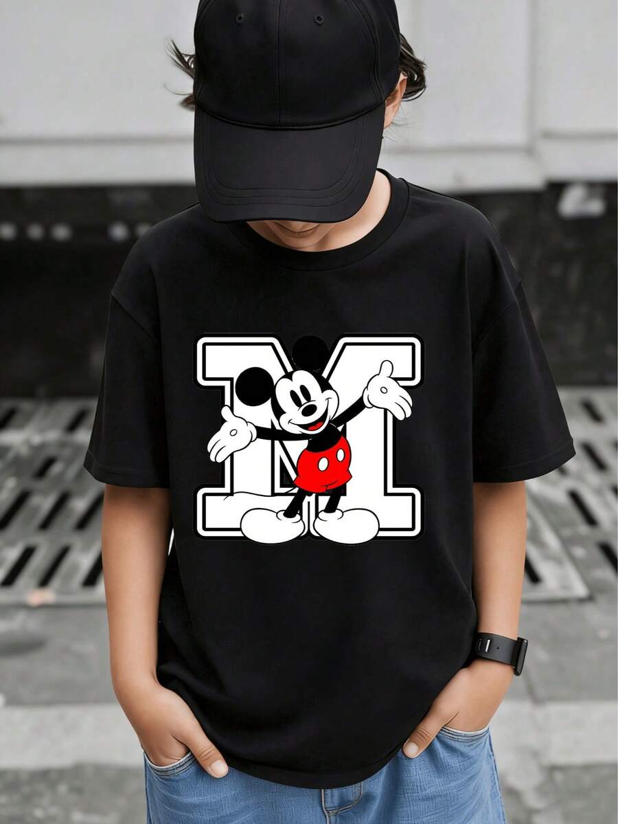 Disney Mickey Mouse Kids' Short Sleeve T-Shirt For Boys & Girls (2-14 Years) - Soft Breathable Fabric, Bold "M" Graphic, Casual All-Season Wear, Express Delivery - 黑色 - 查看 1