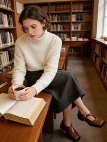 女士复古方头金属扣粗跟玛丽珍鞋，T字带金属扣套脚鞋，休闲通勤时尚简约舒适百搭乐福鞋 - 棕色 - 查看 2