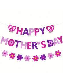 Happy Mother's Day Banner, Mother's Day Party Decorations, 6 Inch Large Pink Purple Glitter Paper Banner, Rose Gold Pink Flower, Mother's Day Gift Mother's Day Decor Indoor And Outdoor - View 6