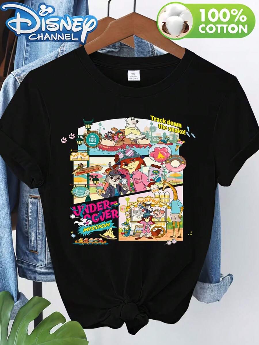 Officially Licensed Disney Spring/Summer New Arrival, Pure Cotton Short-Sleeved T-Shirt, Featuring Characters From The Movie *Zootopia 2*, Printed With A Crew Neck. Versatile, Casual, And Comfortable Women's Wear. Available In Sizes XS-XXL. - màu đen - Xem 1