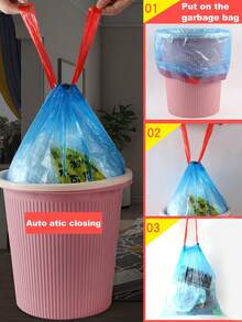 1卷加厚抽绳垃圾袋，家用自动手持式，适用于客厅、厨房、餐厅、商业场所，耐用防撕裂 - 多色 - 查看 3