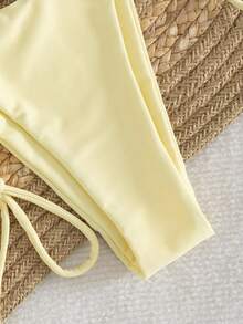 3pcs Solid Color Bikini Swimsuit Set, Spaghetti Strap Backless Design, Fashionable Casual Bikini Top And Shorts Set, Suitable For Women, Suitable For Easter, Party, Music Festival, Valentine's Day Occasions; Women's Beach Outfit; Women's Graduation Season Vacation Outfit; Women's Elegant Beach Swimwear; Women's Beach Bikini Swimsuit; Women's Swimsuit; Women's Swimming Suit; Summer Holiday Outfit - Yellow - View 5