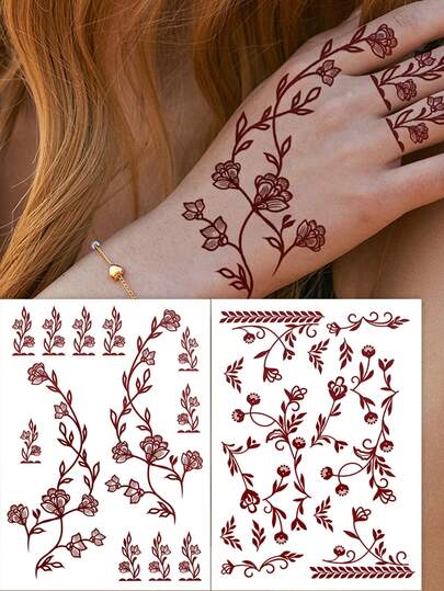 1pc Henna Flower Waterproof Tattoo Stickers For Women, Hand And Body Art Disposable Temporary Tattoos ,For Women Fake Henna Stickers