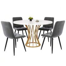 Dining Set (5 Pieces), Including A Table And Four Chairs, A Modern Kitchen Set, A Round Table 80 Cm In Diameter, Gold Metal Legs, A White Marble Top And Grey Velvet Dining Chairs. - Grey - View 3