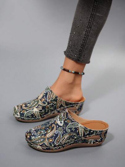 Sandalias de cuña para mujer con suela gruesa - Estilo bohemio retro con banda elástica de cristal, estilo romano, adecuadas para vacaciones y viajes