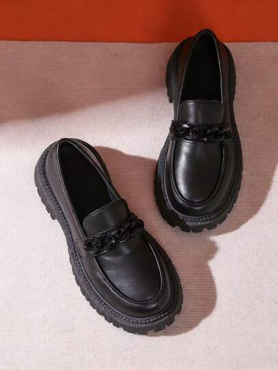 女士厚底链条乐福鞋，舒适粗跟套脚圆头商务工作鞋