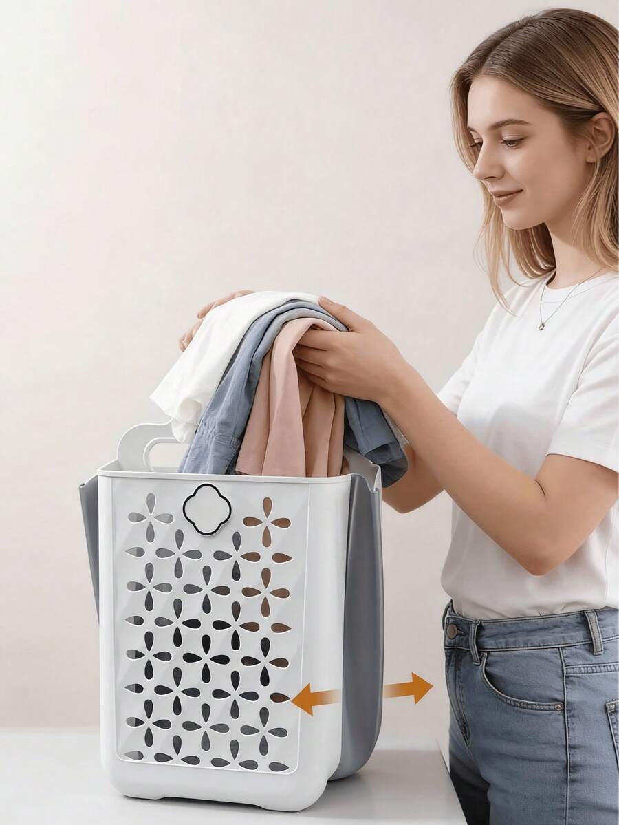 1 Giỏ đựng đồ giặt gấp gọn tiết kiệm không gian - Treo tường, không cần khoan, màu trắng và xám hiện đại, nhựa bền - Lý tưởng để đựng quần áo, đồ chơi, đồ ăn nhẹ ở ban công hoặc phòng giặt, giỏ đựng đồ giặt, quà tặng Ngày của Mẹ, màu ngẫu nhiên