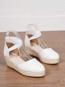 Scarpe con zeppa estive da donna, scarpe con zeppa nere, scarpe con zeppa e platform infilabili da donna, sandali con zeppa e platform minimalisti da donna con cinturino alla caviglia, espadrillas, sandali con zeppa in finta pelle, scarpe estive da spiaggia traspiranti in maglia con cinturino alla caviglia, scarpe intrecciate comode e leggere con fori, taglie 34-43 per donne di taglia piccola e grande, décolleté con tacco alto da donna, sandali con tacco alto da donna, scarpe eleganti con tacco alto da donna - Bianco - Visualizzare 3