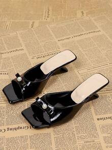 Sandalias de tacón alto negro con decoración de perlas y punta cuadrada para mujer, sandalias tipo mula versátiles y casuales para el verano - Negro - Ver 4