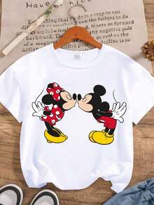Disney Mickey & Minnie Series Graphic Print Casual Short Sleeve T-Shirt, Stretchy, Opaque, Easy Care Fabric, Suitable For Daily Wear - trắng - Xem 1